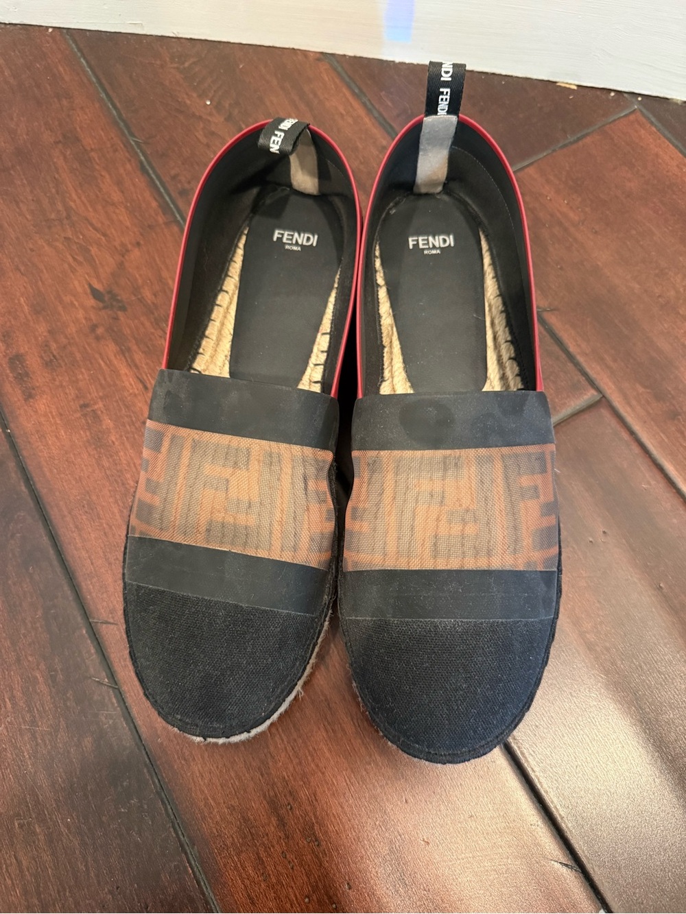 Fendi Black and Brown FF Logo Slip-On Espadrilles